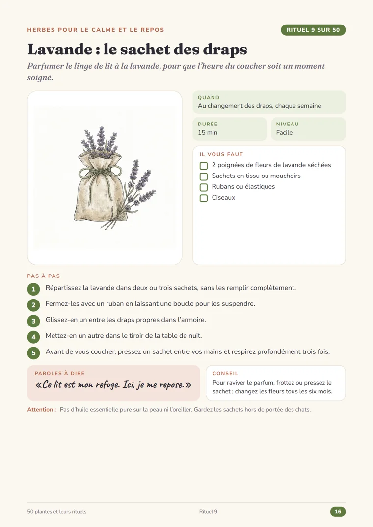 Page du rituel 9, Lavande : le sachet des draps, du Grimoire des herbes