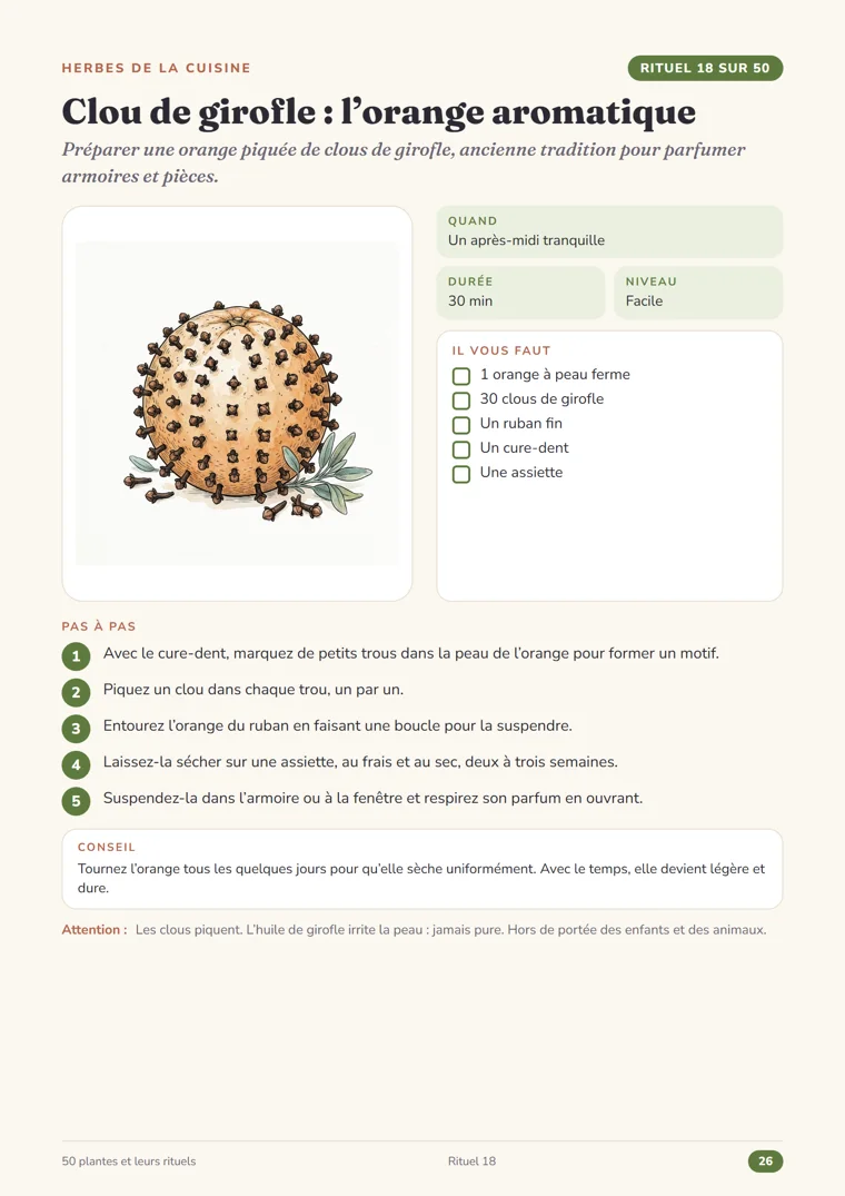 Page du rituel 18, Clou de girofle : l’orange aromatique, du Grimoire des herbes